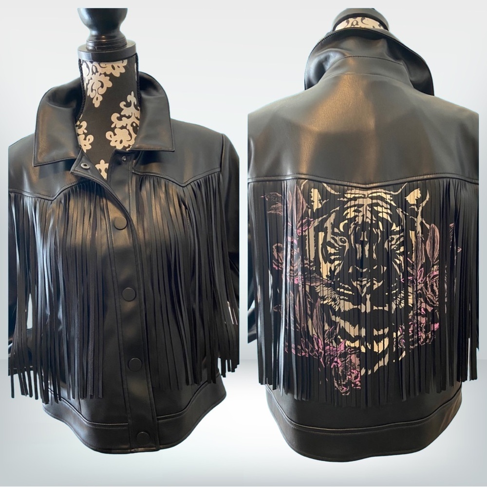 G by Giuliana Faux Leather Graphic Fringe Jacket Black Label Black Size …